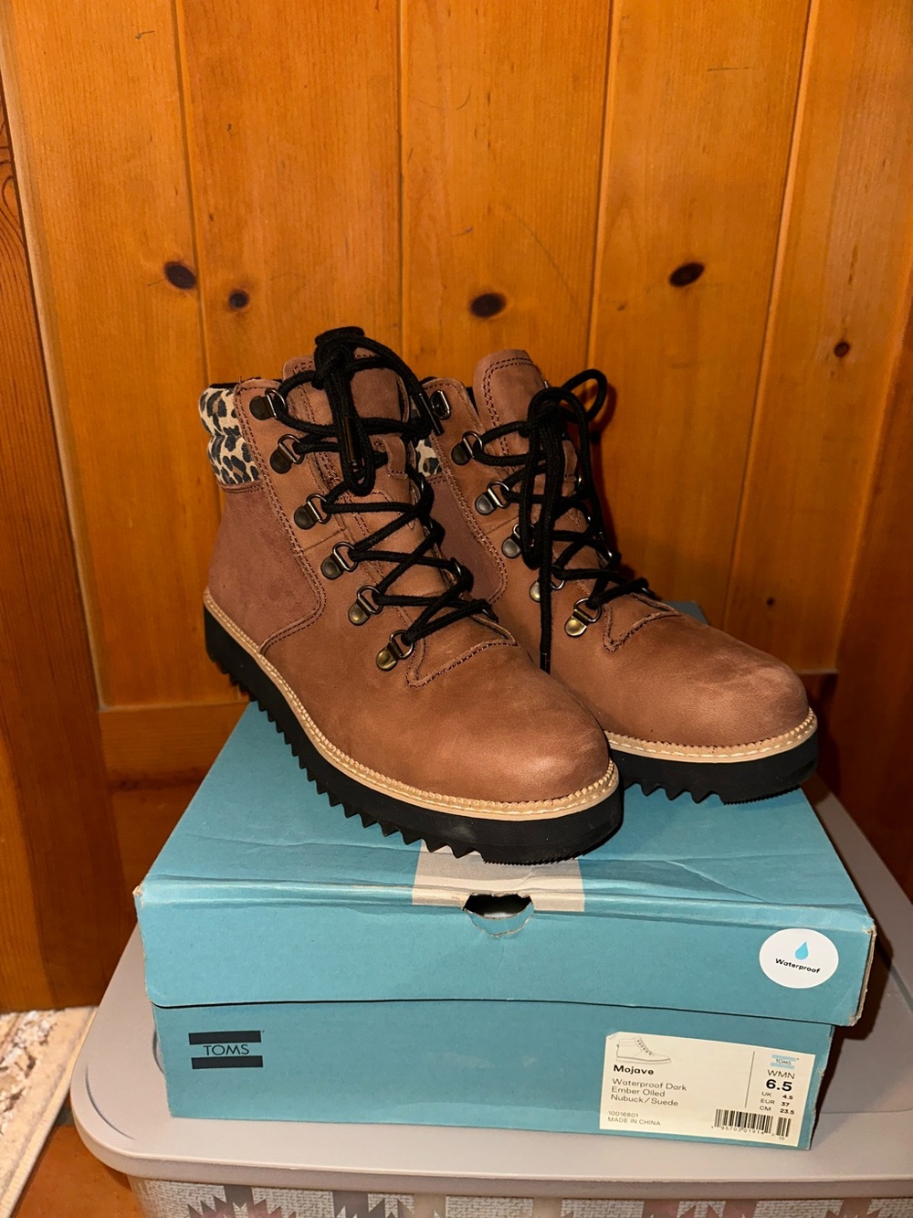 Toms Brown Suede Lace-Up Boots with Leopard Collar-suede